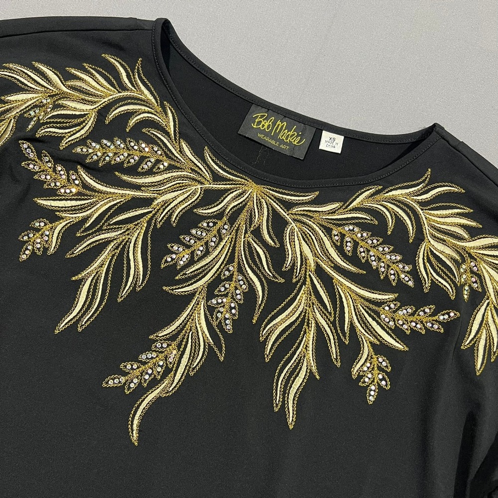Bob Mackie Top Blouse Gold Embroidered Rhinestone Leaf 3/4 Sleeve Black Women XS